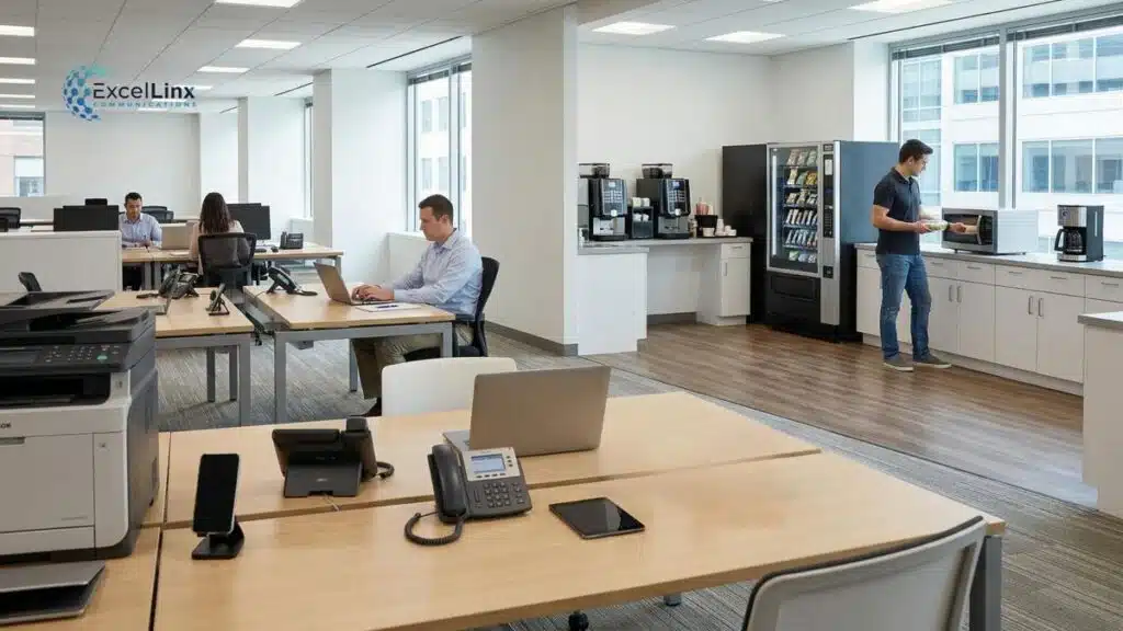 Open concept commercial office space with employees working at desks, laptops, desk phones, printers, and a breakroom area with vending machines and appliances, illustrating multiple devices and environmental factors that can contribute to wireless interference in business settings.