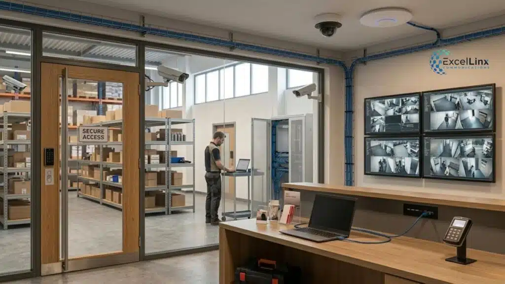 Commercial security setup featuring surveillance cameras, access-controlled entry door, and multiple monitoring screens inside a secure facility, illustrating integrated business security systems including video surveillance and access control technology.