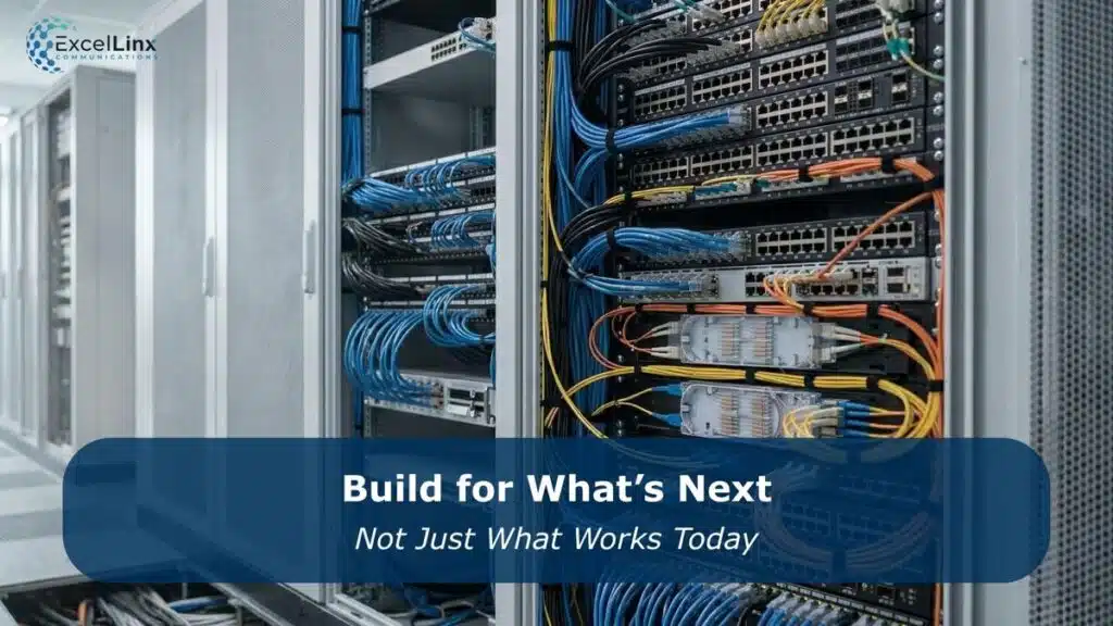 Close-up of structured cabling in a server rack with organized CAT6 ethernet cables and patch panels, highlighting high-performance network infrastructure built for scalability and future growth, with overlay text about building for what’s next.
