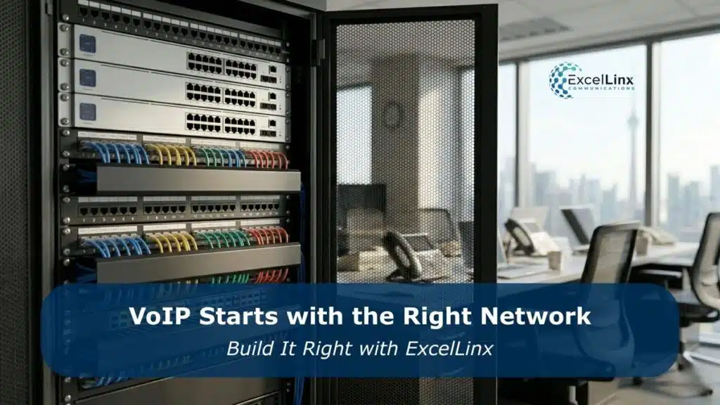 Structured network server rack with organized ethernet cabling in a commercial office environment, highlighting the infrastructure required to support VoIP systems, with overlay text about building the right network for reliable business communications by ExcelLinx.