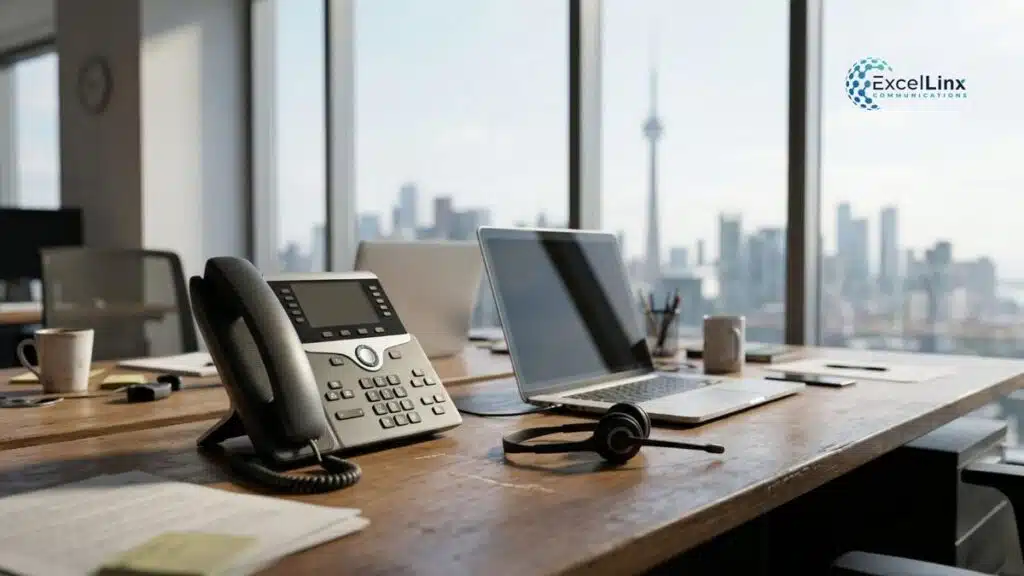 Modern office desk setup featuring a VoIP desk phone, laptop, and headset with a blurred Toronto skyline in the background, illustrating professional business communication tools used in VoIP systems for efficient and cost-effective operations.