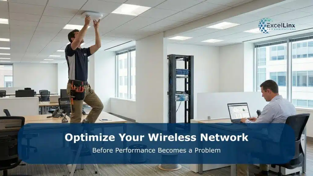IT technician installing a ceiling-mounted wireless access point in a modern office while another employee works at a desk, representing professional wireless network optimization and infrastructure setup to improve performance and reduce interference in commercial environments.
