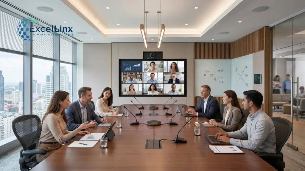 Executive boardroom with professionals seated around a conference table using microphones and laptops while participating in a large screen video conference, illustrating advanced AV systems and meeting room technology for business collaboration