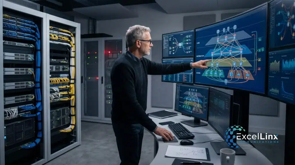 : IT professional standing in a server room beside network racks and large monitors displaying network topology diagrams, representing strategic business network infrastructure design and scalable IT systems