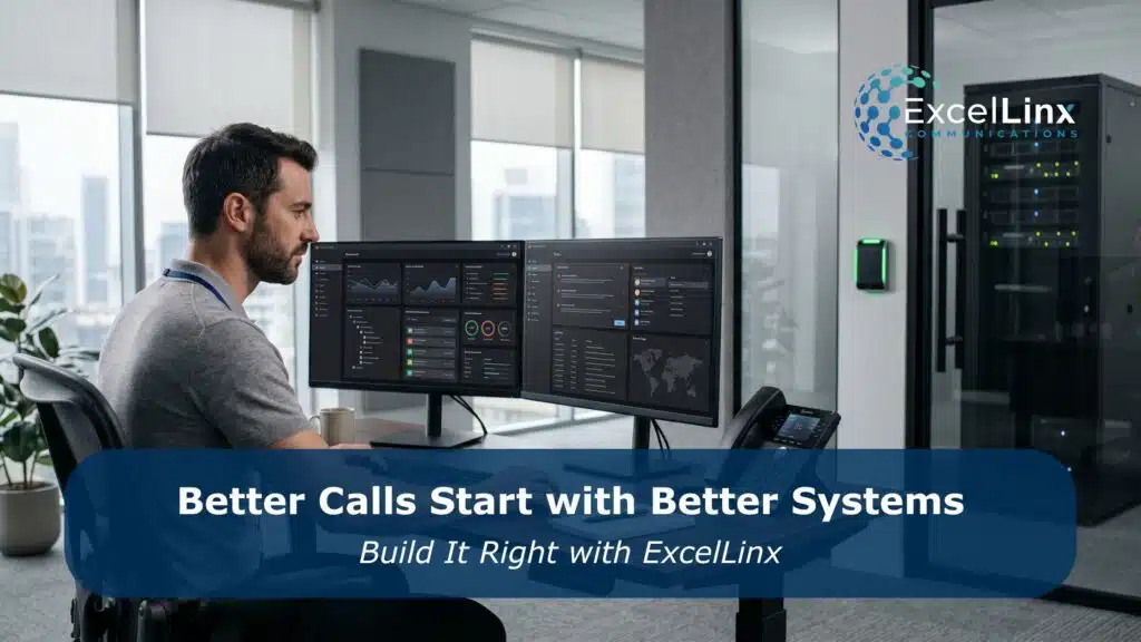 Office professional working at a desk with dual monitors displaying communication dashboards beside a business desk phone and secure server room, representing advanced business phone systems and call management solutions, with overlay text about better calls through better systems