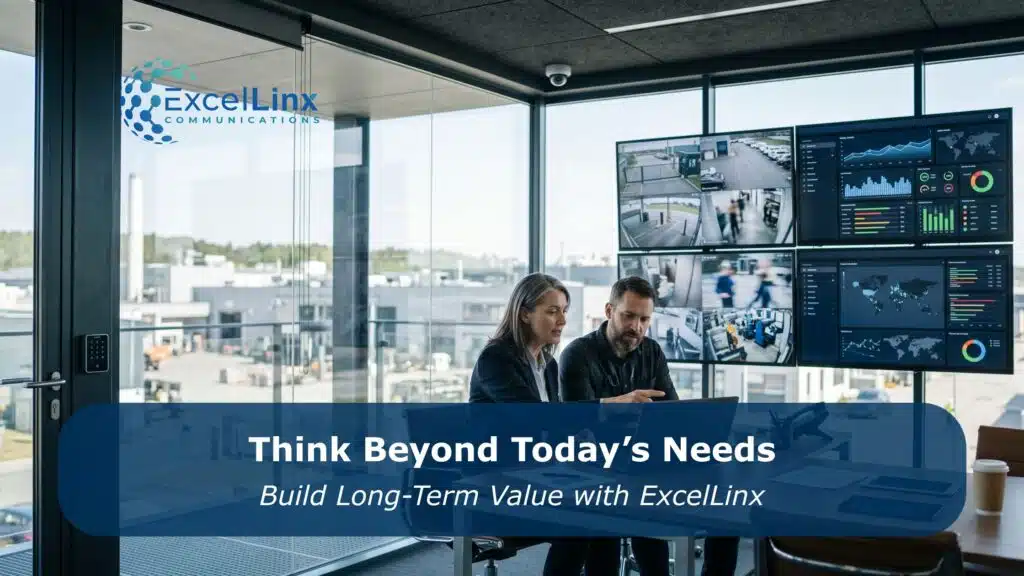 Business professionals reviewing security plans in a modern control room with multiple surveillance screens and analytics dashboards, representing long-term planning and investment in commercial CCTV or IP camera security systems, with overlay text about future-ready security solutions