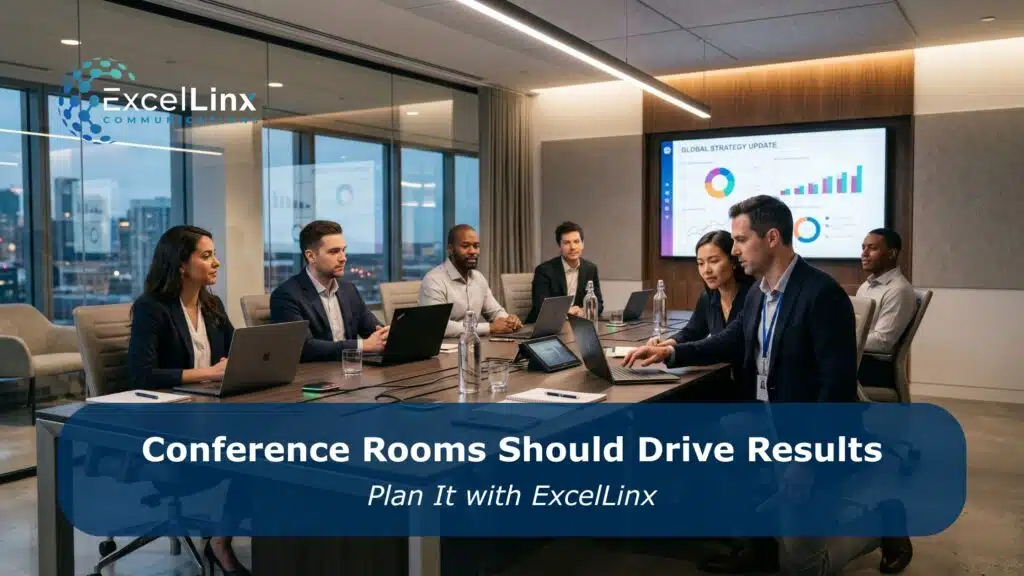 Corporate meeting room with professionals using laptops during a presentation on a wall-mounted display showing charts and analytics, representing modern conference room AV systems and communication technology.
