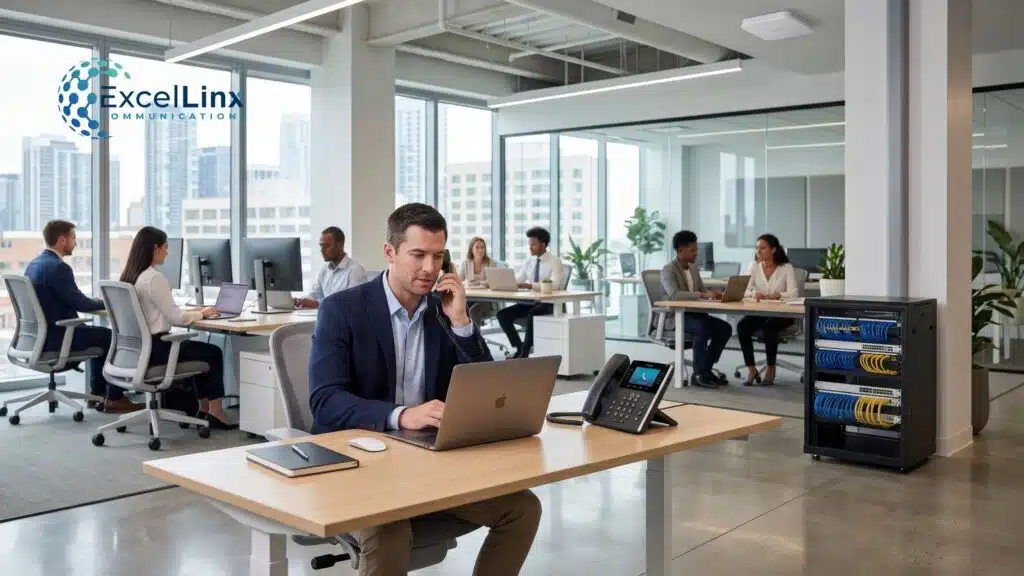 Modern open-concept office with employees working at desks while a professional uses a desk phone and laptop, with visible structured network rack nearby, illustrating business phone system and VoIP communications infrastructure for growing companies