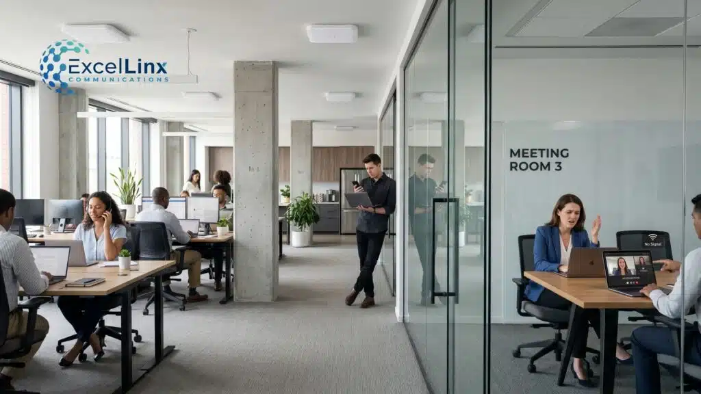 Modern office with employees working while one meeting room displays a no signal video call, illustrating WiFi dead zones and poor wireless coverage issues that affect productivity in business environments.