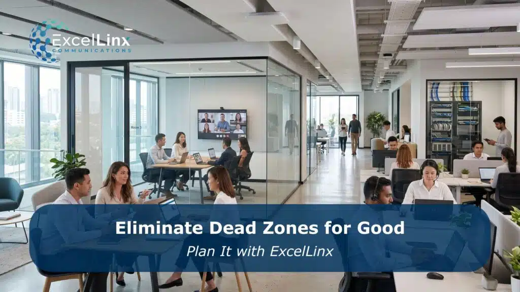 Large modern office with employees working across open workspaces and meeting rooms connected by strong wireless access points, representing improved WiFi coverage and office network upgrades, with overlay text about eliminating dead zones permanently