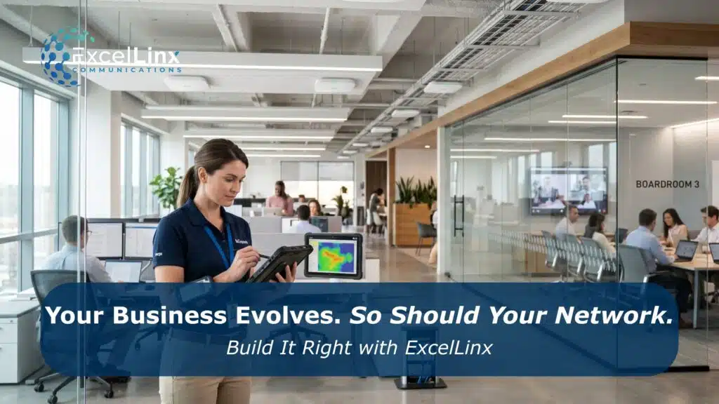 Modern office with technician using a tablet to assess wireless network coverage while employees work nearby, illustrating scalable network upgrades and evolving business connectivity solutions, with ExcelLinx Communications branding and CTA overlay