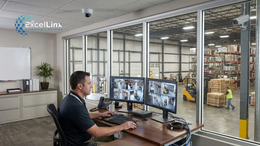 Security manager monitoring surveillance camera feeds from an office overlooking a warehouse with forklifts, pallets, and inventory, illustrating CCTV and IP camera systems used for warehouse and commercial facility security