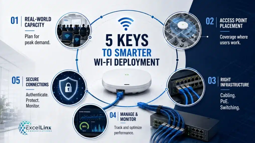 Infographic showing five keys to smarter business Wi-Fi deployment, including capacity, access point placement, infrastructure, monitoring, and security