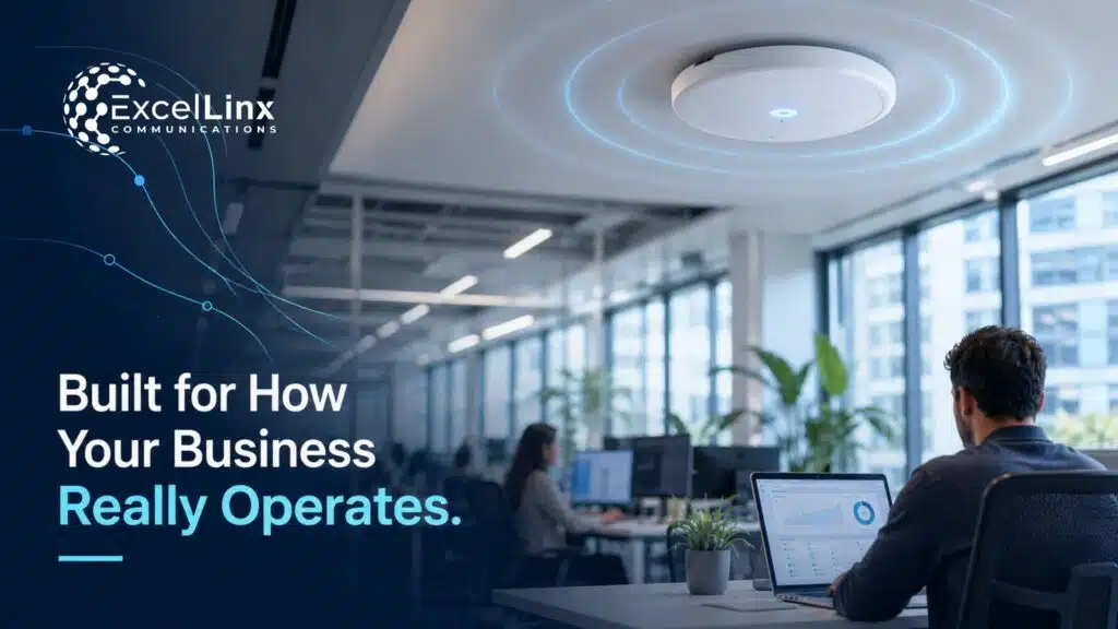 Modern office with a ceiling-mounted wireless access point providing reliable business Wi-Fi connectivity for employees and connected devices
