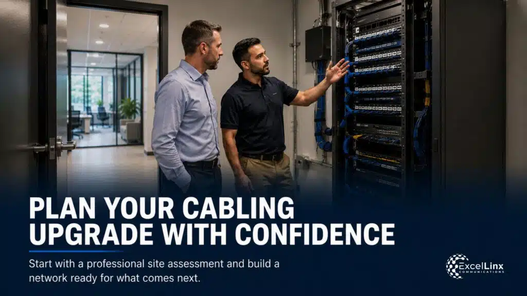 Network specialist and business professional reviewing structured cabling infrastructure and planning a commercial network upgrade