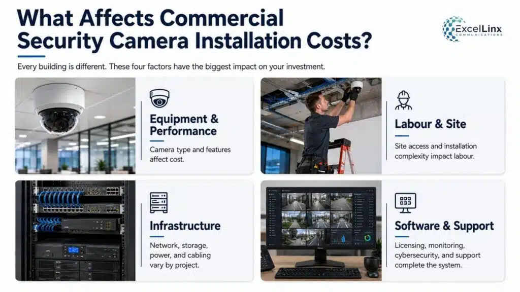 Infographic explaining the key factors that affect commercial security camera installation costs, including equipment, labour, infrastructure, and software.