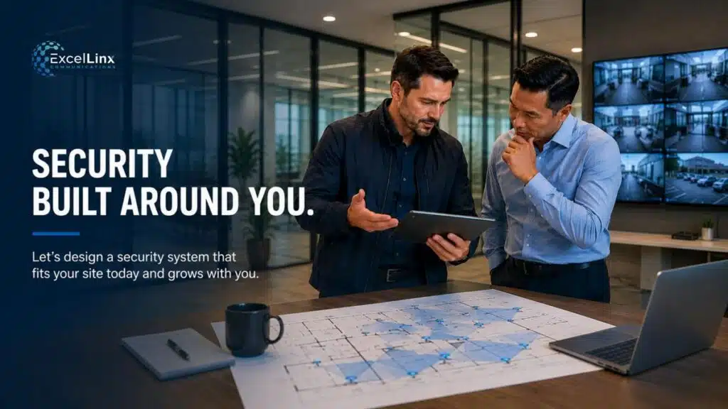 Security consultant reviewing a commercial security camera system design and surveillance layout with a client in a modern office environment.