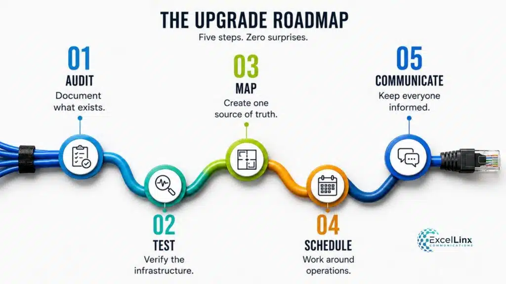 Network cabling upgrade roadmap showing five steps: audit, test, map, schedule, and communicate for a smooth infrastructure upgrade