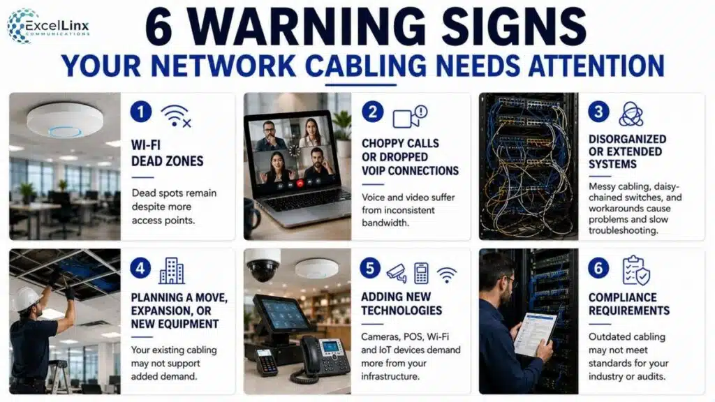 Infographic highlighting six warning signs that a commercial network cabling system needs attention, including Wi-Fi issues, VoIP problems, and outdated infrastructure.