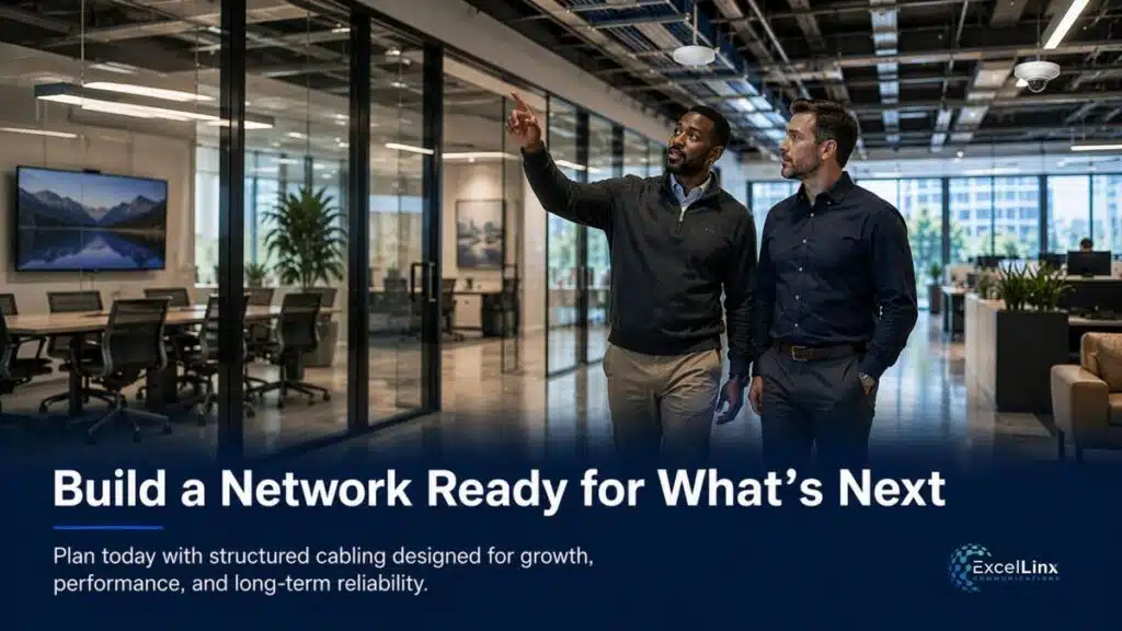 Business professionals discussing structured network cabling and future-ready IT infrastructure inside a modern commercial office.