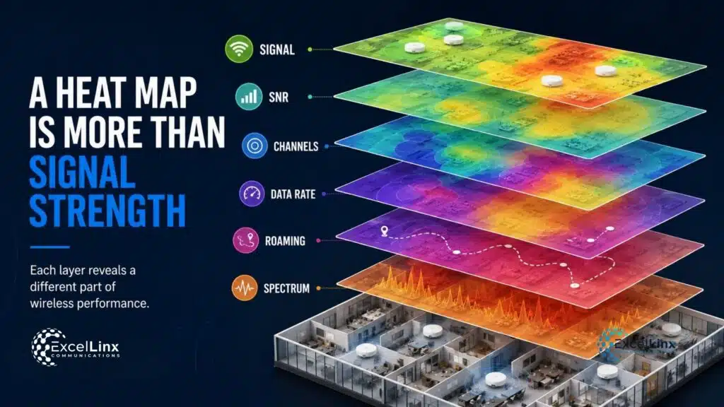 Wi-Fi heat map infographic showing signal strength, SNR, channels, data rate, roaming, and spectrum as key layers of wireless network performance